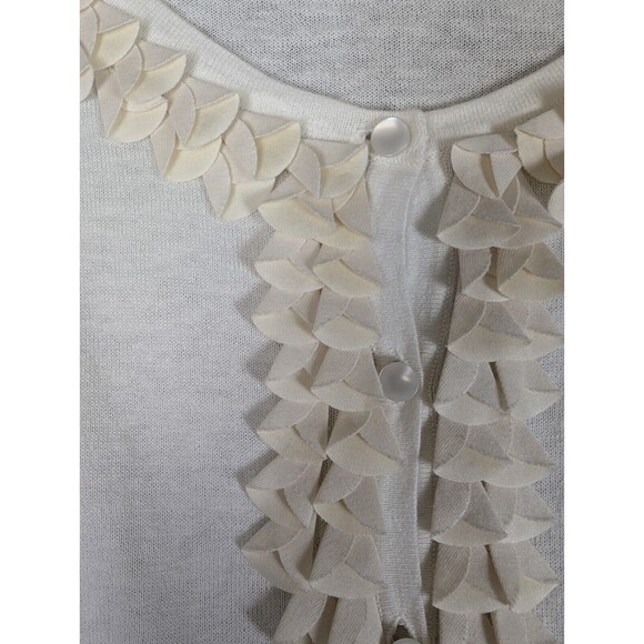 Talbots White Ruffle Front Cardigan Sweater Sz M Cream Pearl Buttons Linen Blend - Picture 3 of 10